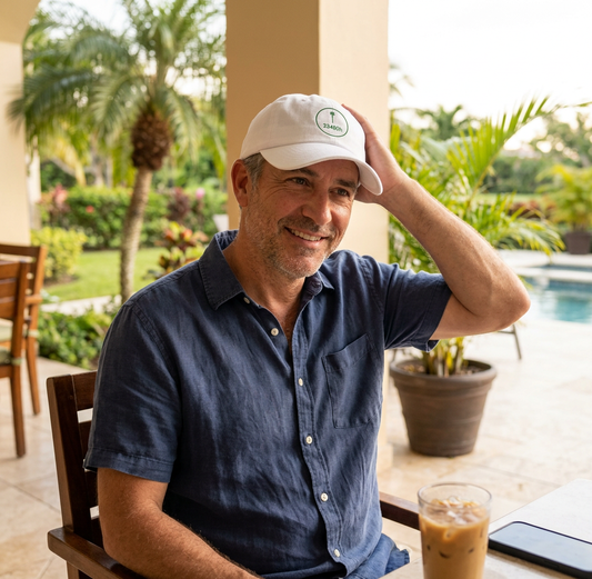 3348oh dad hat worn on model — Palm Beach style lifestyle photo