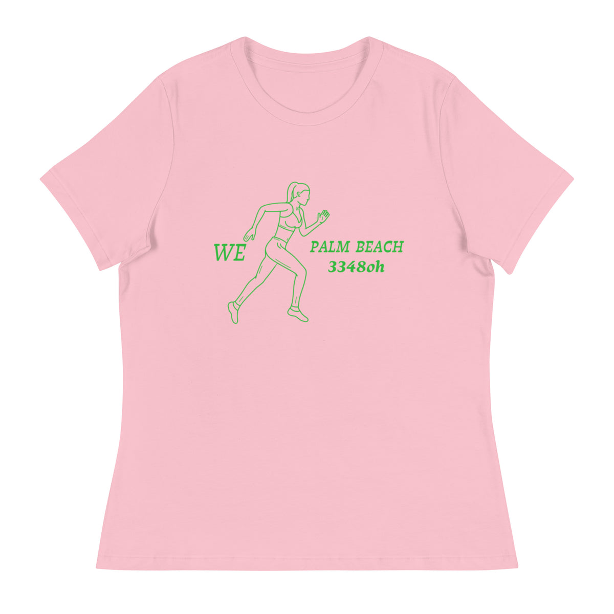 3348oh We Run Palm Beach t-shirt, in pink, front view, product mockup