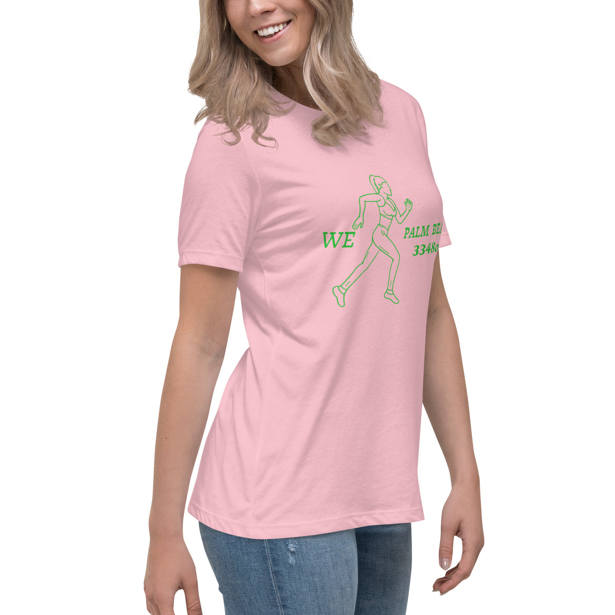3348oh We Run Palm Beach t-shirt, in pink, front view, product mockup